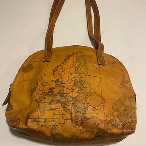 Vintage 1 Classe Alviero Martini Alma Map Print Genuine Leather Tote Bag in Tan